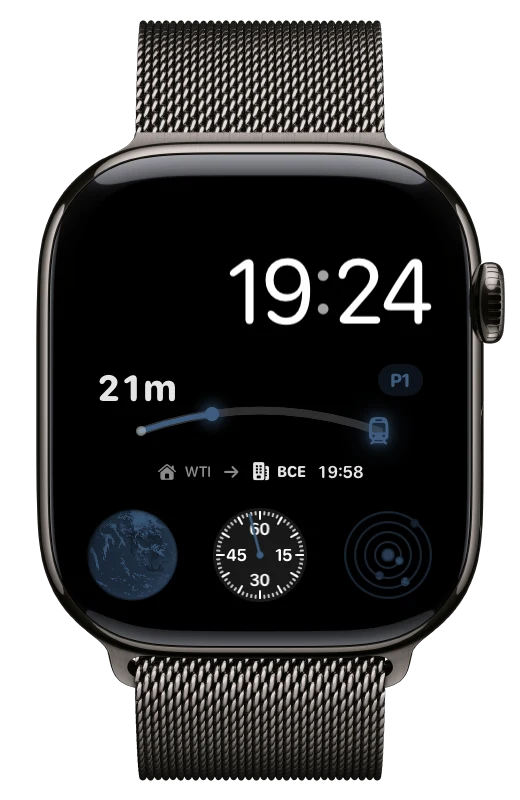 nxTrain Apple Watch complication showing a 21-minute train countdown, platform and commute route