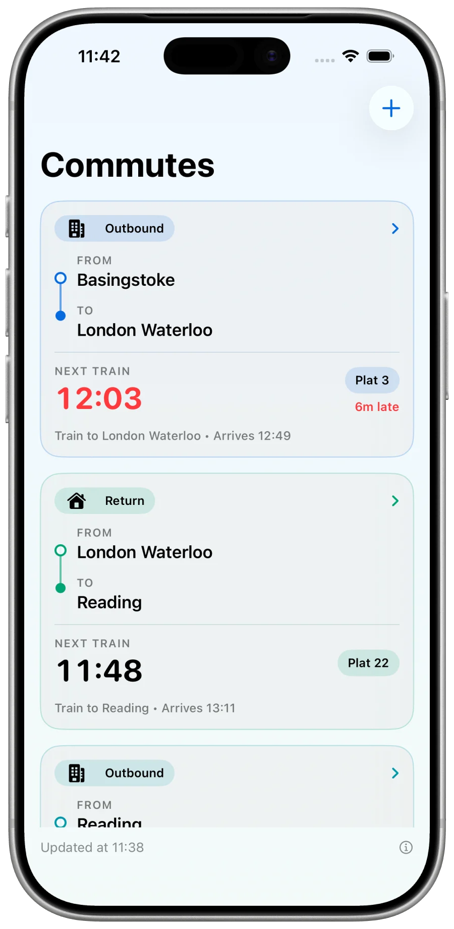nxTrain Commutes screen on iPhone showing outbound and return train times, platforms and delay information