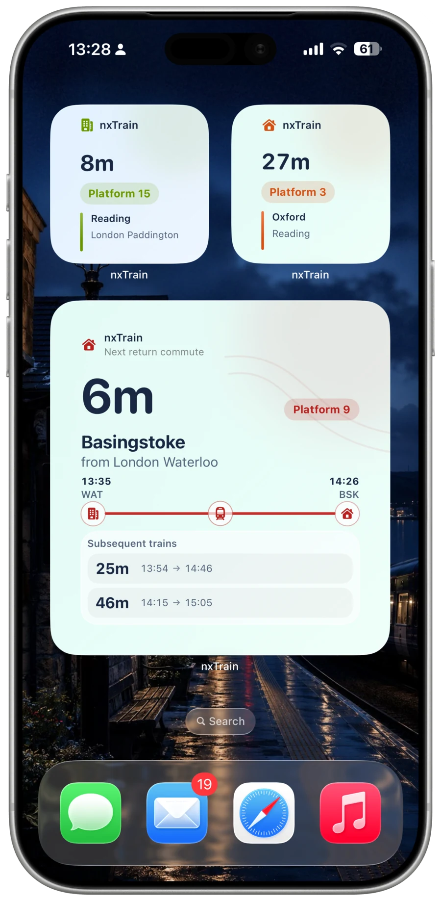 iPhone Home Screen showing nxTrain widgets with departure countdowns, platform numbers and commute routes