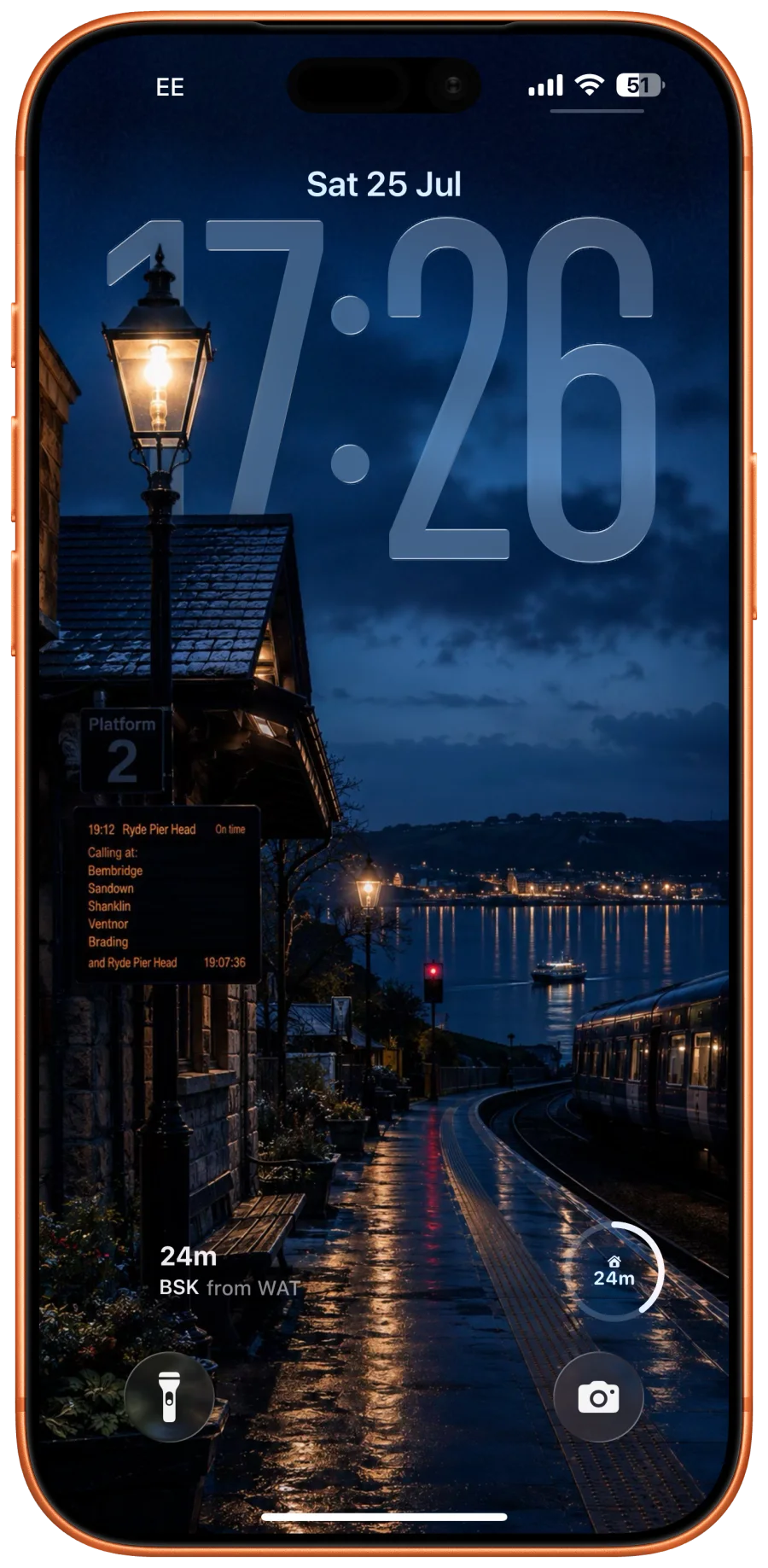 nxTrain Lock Screen widget on iPhone showing a 24-minute train departure countdown and commute route